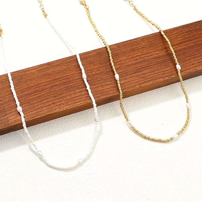 JOSIE | LAYERED GOLD &amp; PEARL BEADED NECKLACE SET