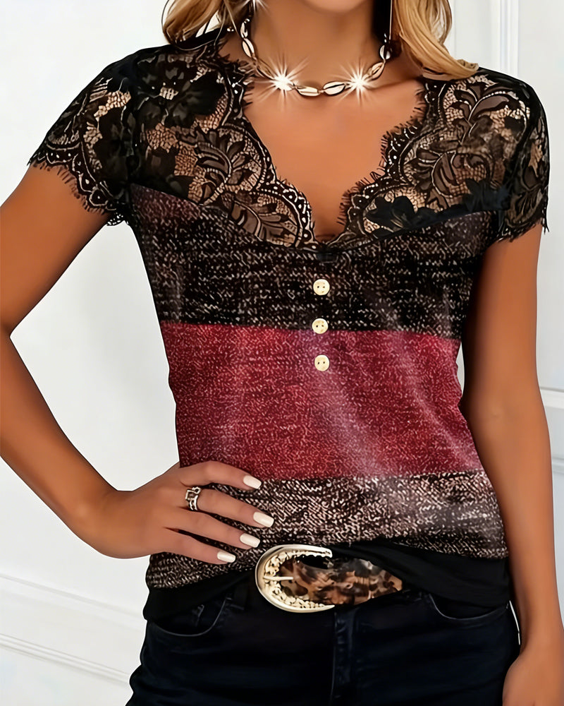 EMMA | V-NECK LACE PATCHWORK COLOR BLOCK T-SHIRT