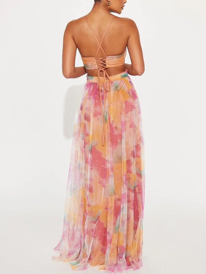 KAREN | PAINTED FLORAL PRINT V-NECK MAXI DRESS
