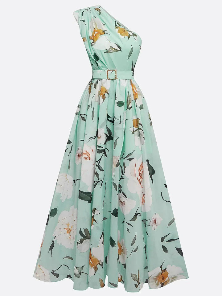 JULIE | LIGHT GREEN FLORAL CHIFFON ONE-SHOULDER MAXI DRESS