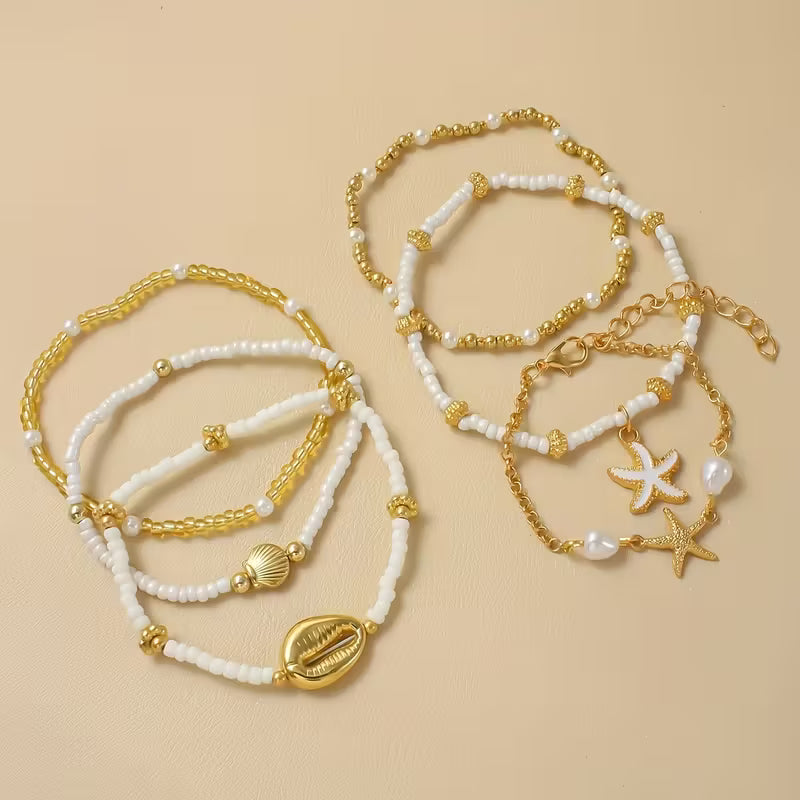 CORALIA | COASTAL GOLD &amp; PEARL BRACELET SET OF 6