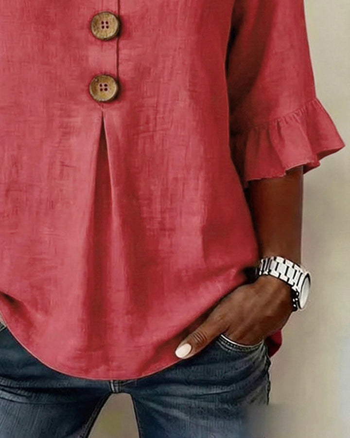 MADISON | V-NECK BLOUSE WITH WOODEN BUTTONS AND RUFFLE SLEEVES