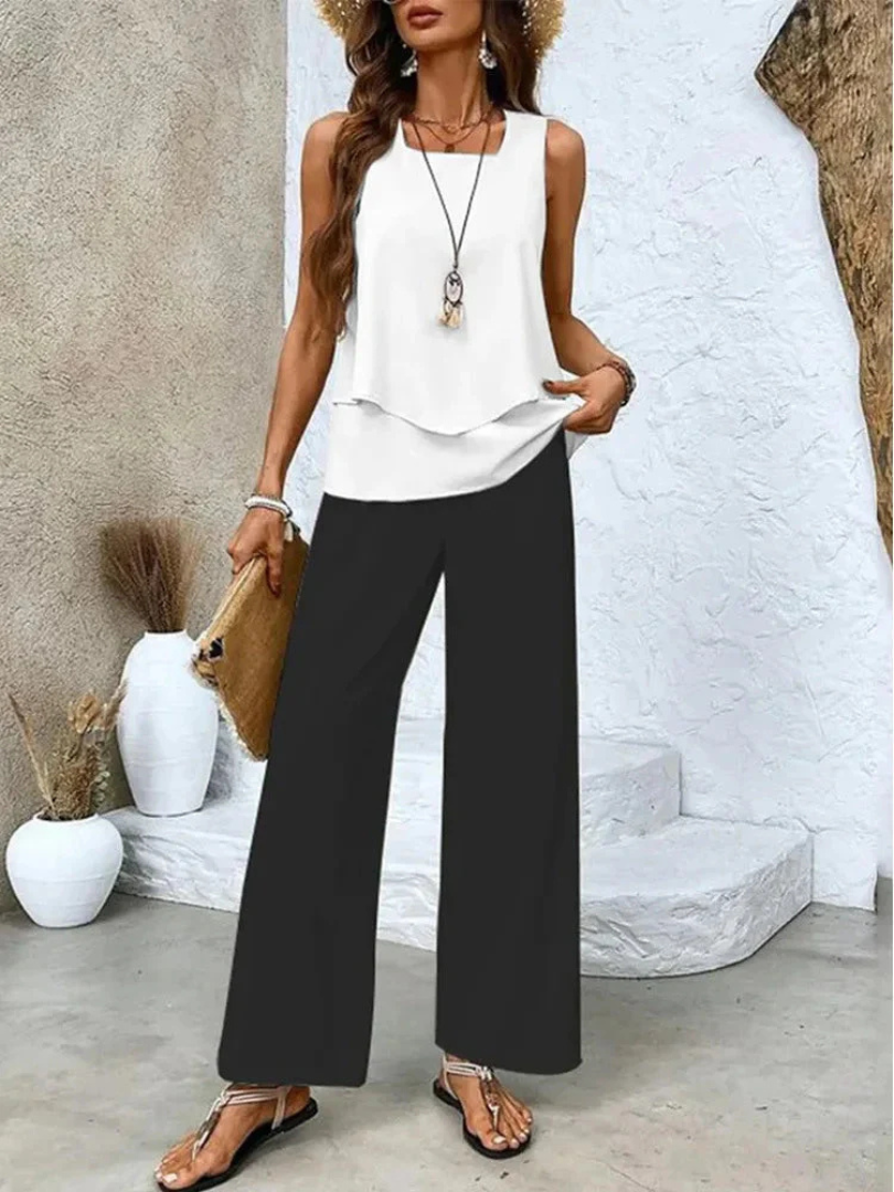 OVELYNRA | SLEEVELESS TOP AND WIDE-LEG PANTS SET