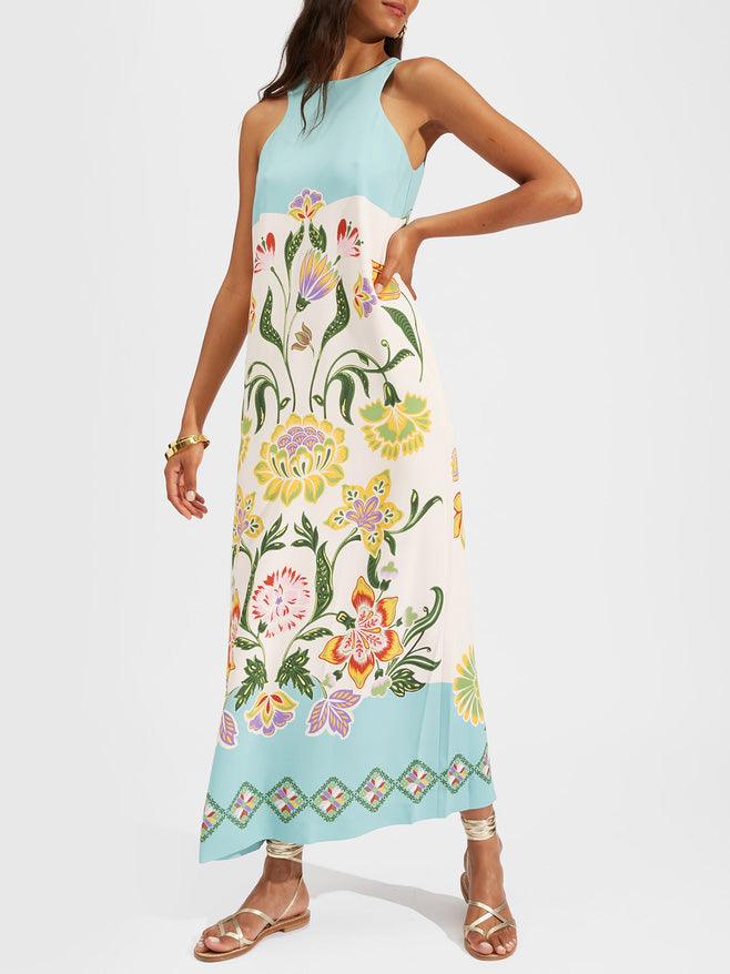 AVA | RESORT SUNSHINE FLORAL PRINT SLEEVELESS MIDI DRESS