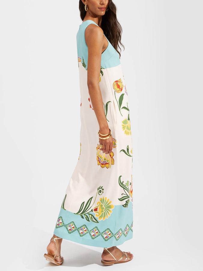 AVA | RESORT SUNSHINE FLORAL PRINT SLEEVELESS MIDI DRESS