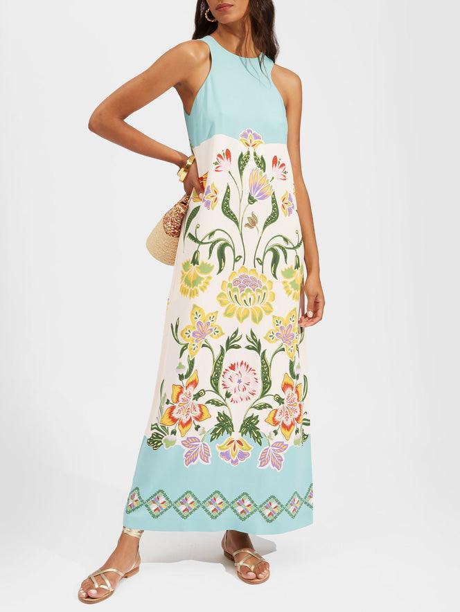AVA | RESORT SUNSHINE FLORAL PRINT SLEEVELESS MIDI DRESS