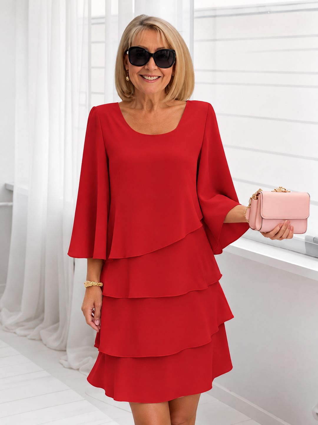 CATHERINE | BELL SLEEVE LAYERED RUFFLE DRESS