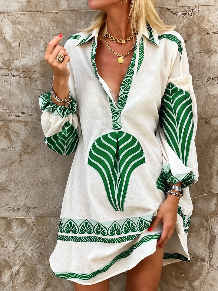 FLORE | GREEN LEAF PRINT MINI SHIRT DRESS