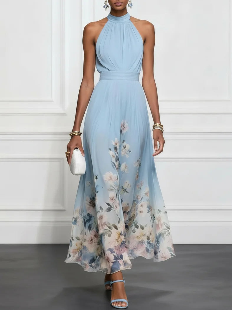 ROSALYN | BLUE FLORAL CHIFFON HALTER MAXI DRESS