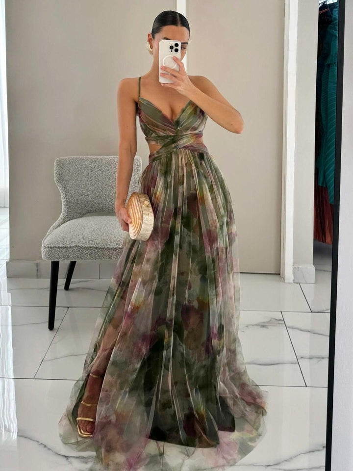 KAREN | PAINTED FLORAL PRINT V-NECK MAXI DRESS
