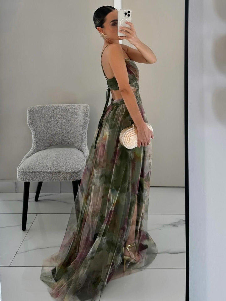 KAREN | PAINTED FLORAL PRINT V-NECK MAXI DRESS
