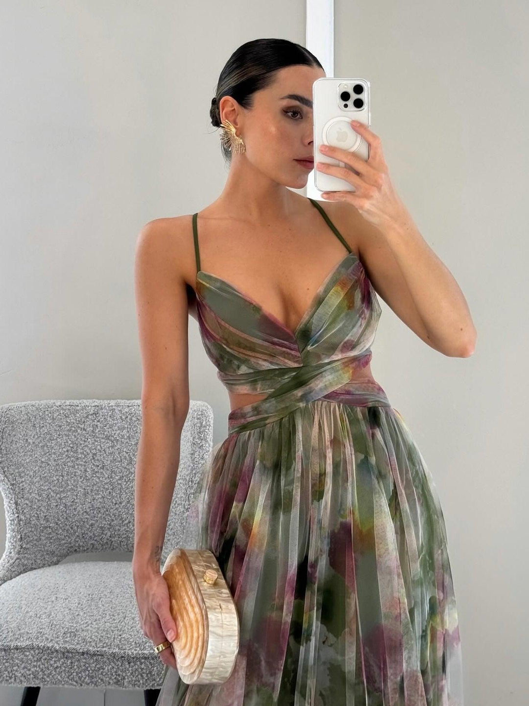 KAREN | PAINTED FLORAL PRINT V-NECK MAXI DRESS