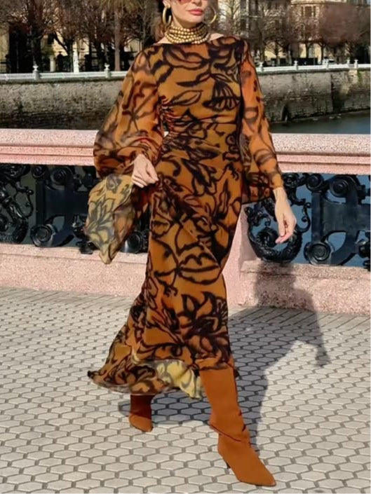 ASHLEY | BEACH GLAM BROWN LONG PRINTED DRESS