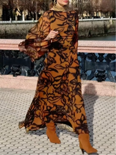ASHLEY | BEACH GLAM BROWN LONG PRINTED DRESS