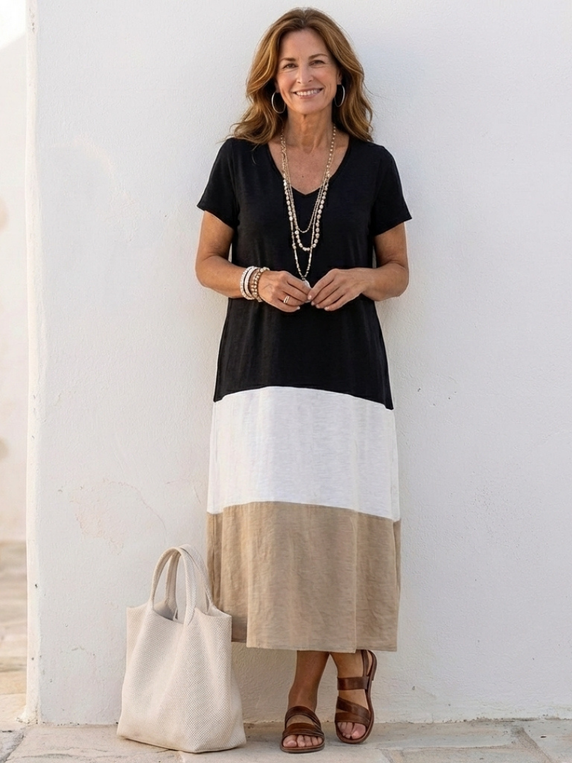 THALIA | SHORT SLEEVE COLOR BLOCK V NECK MIDI DRESS