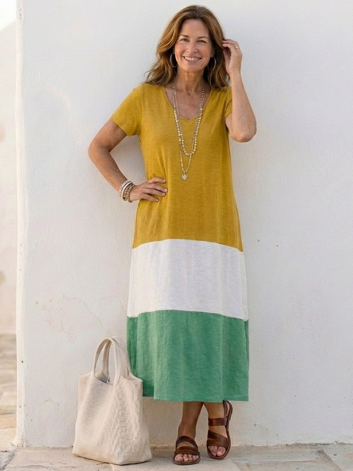 THALIA | SHORT SLEEVE COLOR BLOCK V NECK MIDI DRESS