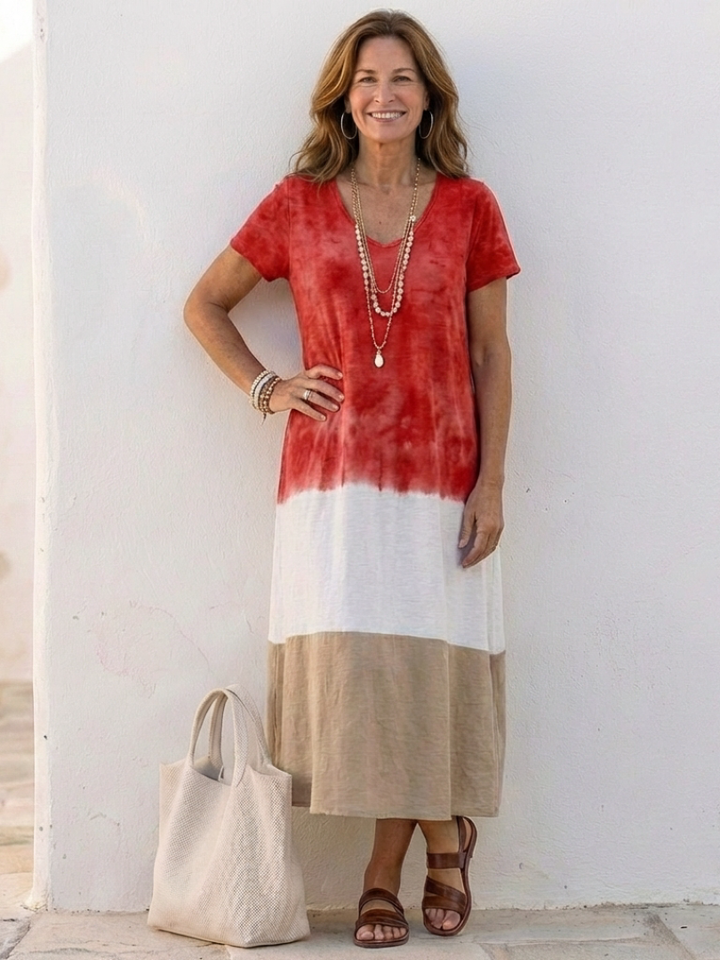 THALIA | SHORT SLEEVE COLOR BLOCK V NECK MIDI DRESS