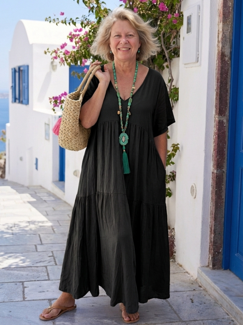 ZINNIA | SHORT SLEEVE TIERED BLUE MAXI DRESS