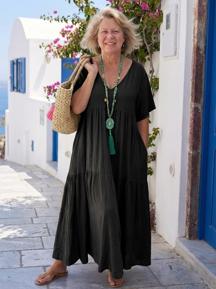 ZINNIA | SHORT SLEEVE TIERED BLUE MAXI DRESS