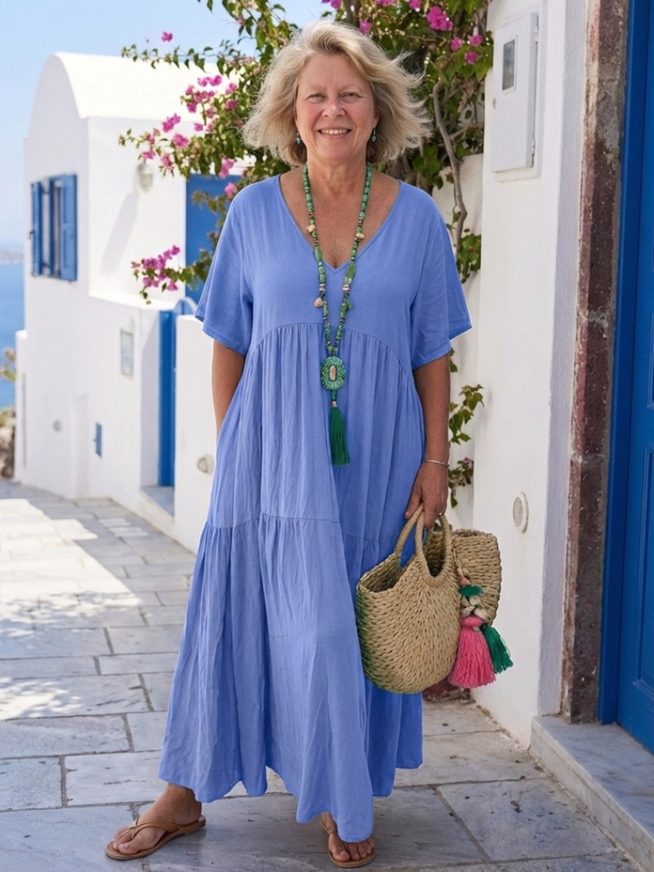 ZINNIA | SHORT SLEEVE TIERED BLUE MAXI DRESS