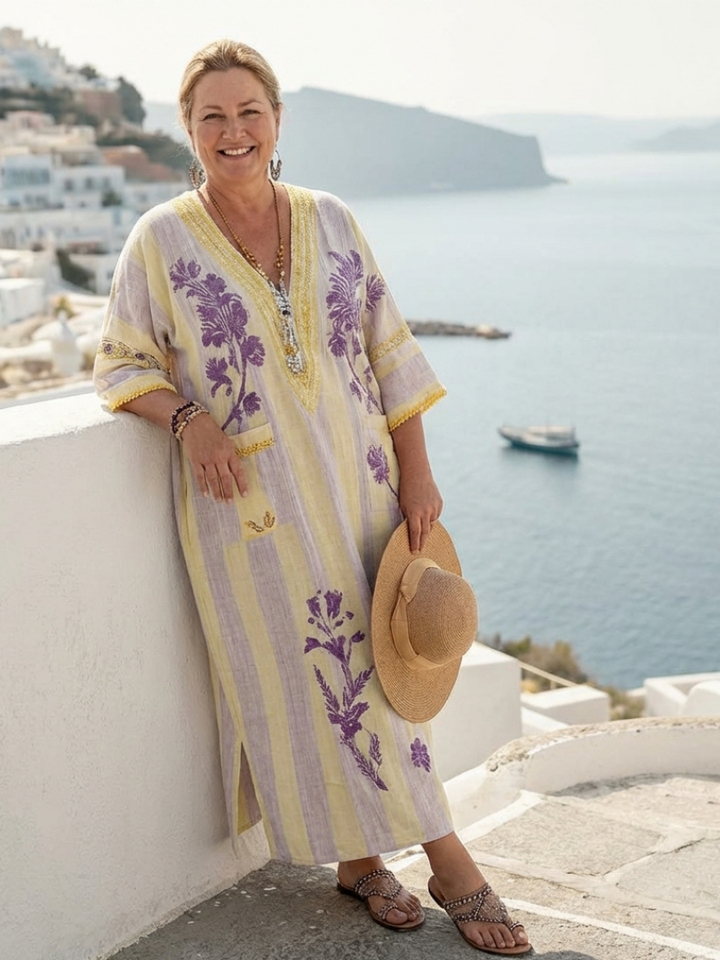 AURELIA | V NECK HALF SLEEVE STRIPED FLORAL MAXI DRESS