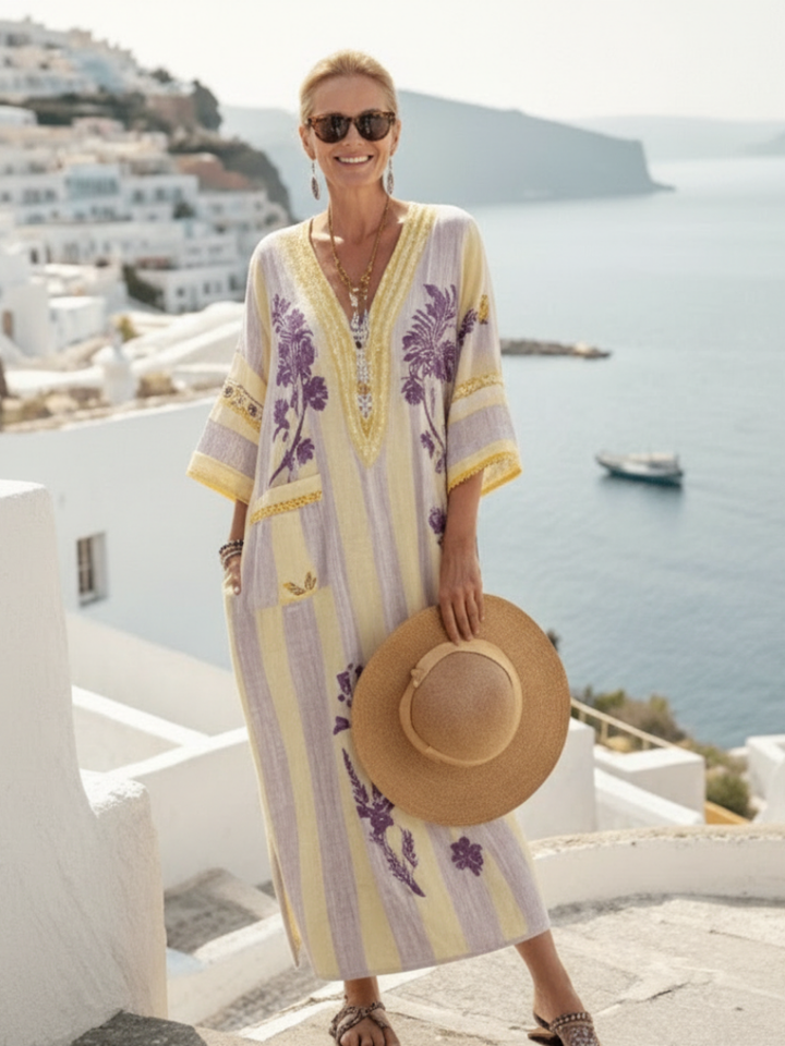 AURELIA | V NECK HALF SLEEVE STRIPED FLORAL MAXI DRESS