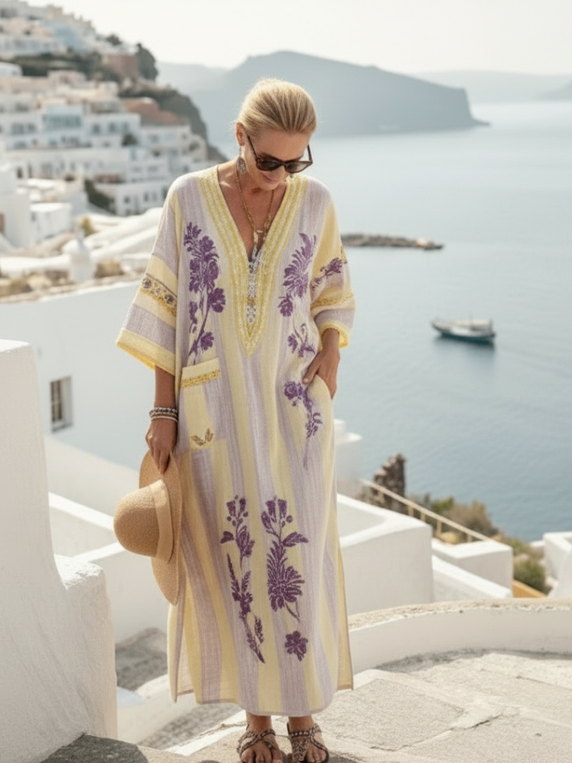 AURELIA | V NECK HALF SLEEVE STRIPED FLORAL MAXI DRESS