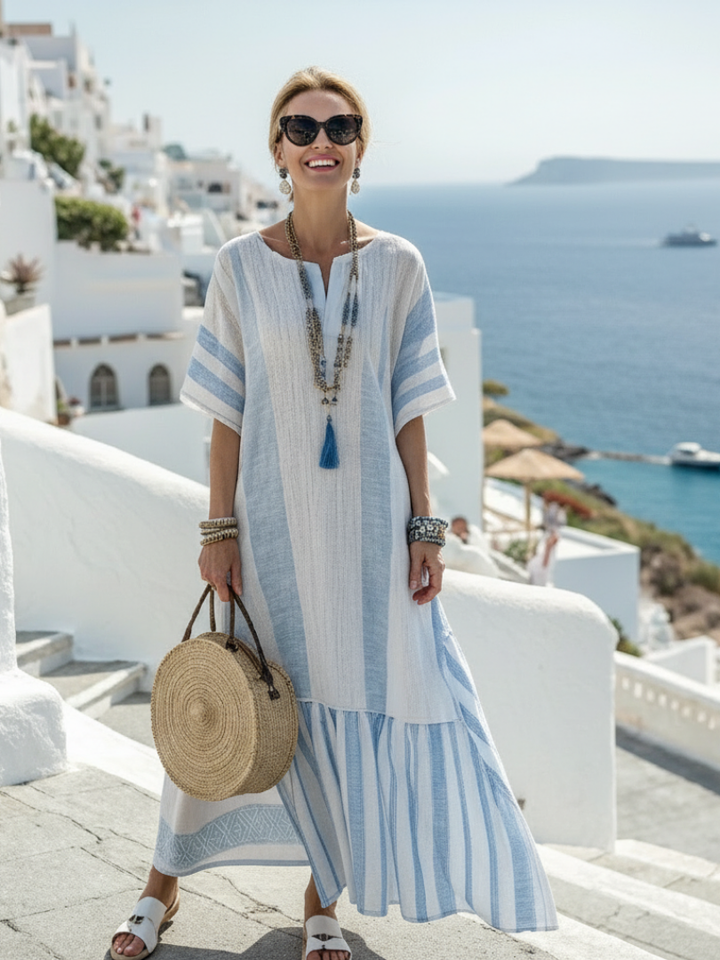IONE | ROUND NECK SHORT SLEEVE STRIPED MAXI DRESS