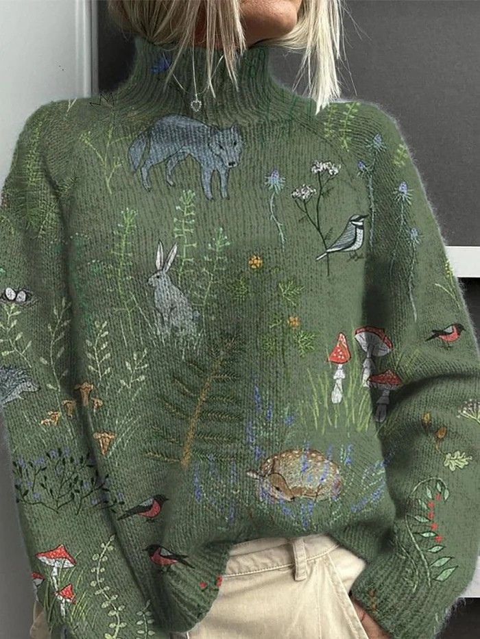 HARPER │WOODLAND AND ANIMAL PATTERN PRINTED KNIT TURTLENECK PULLOVER SWEATER