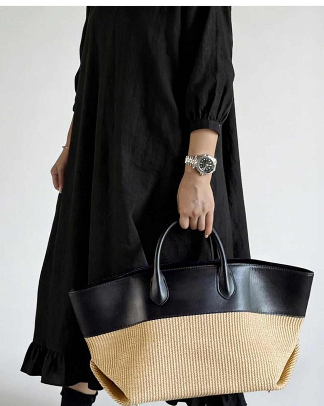 COLETTE | BLACK COLOURBLOCK WOVEN TOTE BAG