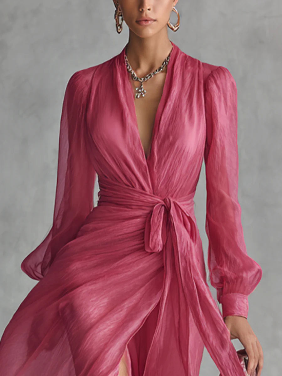 BEATRICE | ELEGANT CHIFFON V-NECK TIE-WAIST LONG DRESS
