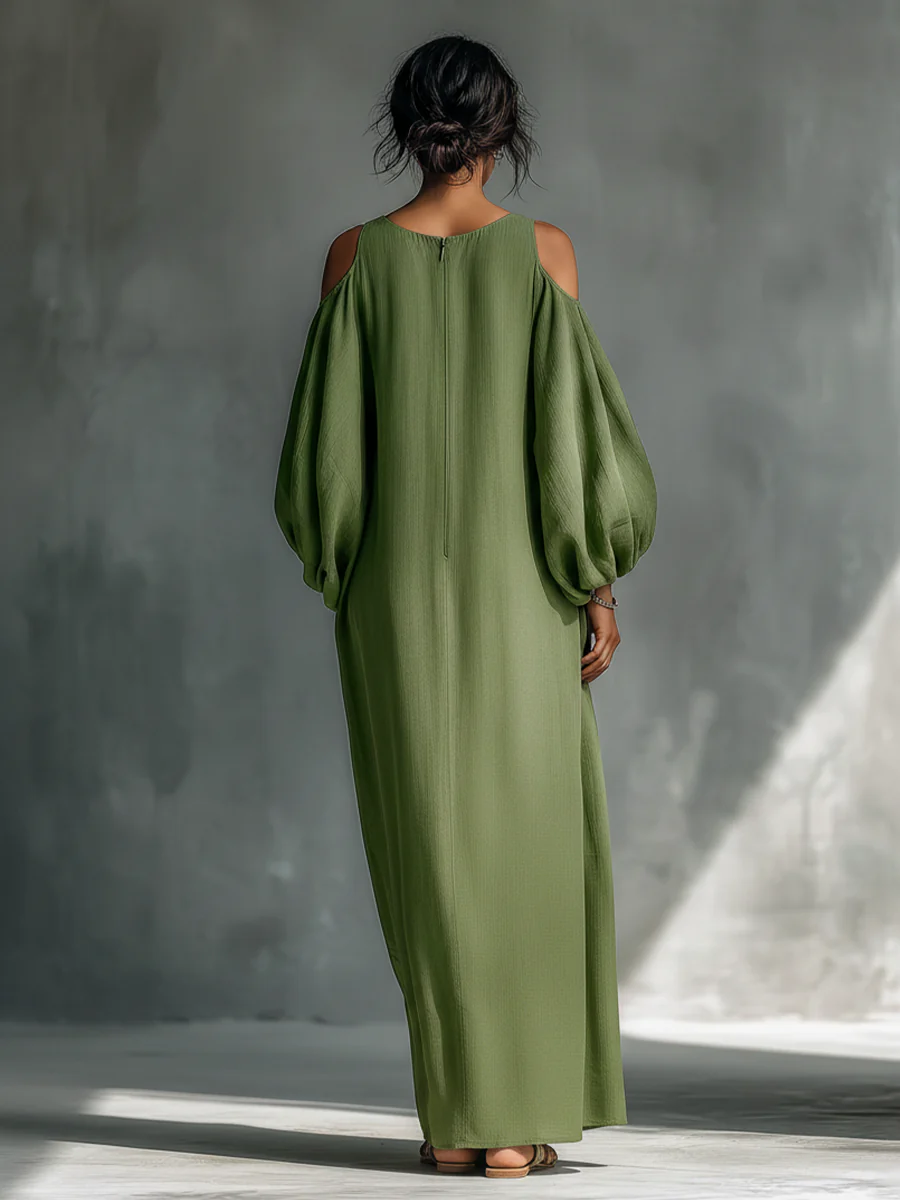 ANIKA | GREEN OFF-SHOULDER PUFF SLEEVE MAXI DRESS