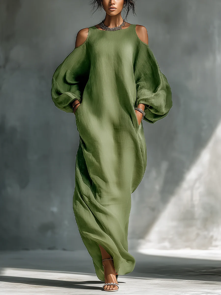 ANIKA | GREEN OFF-SHOULDER PUFF SLEEVE MAXI DRESS