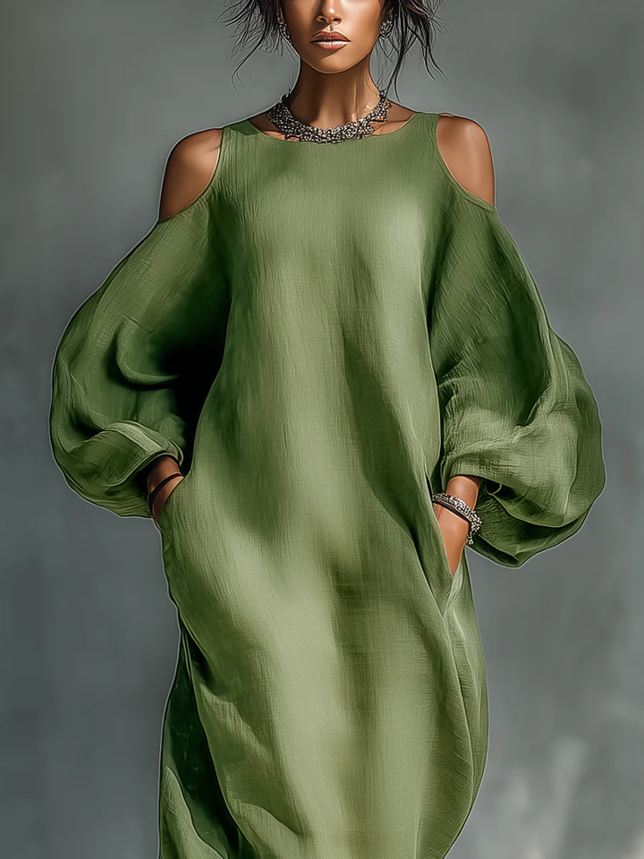 ANIKA | GREEN OFF-SHOULDER PUFF SLEEVE MAXI DRESS