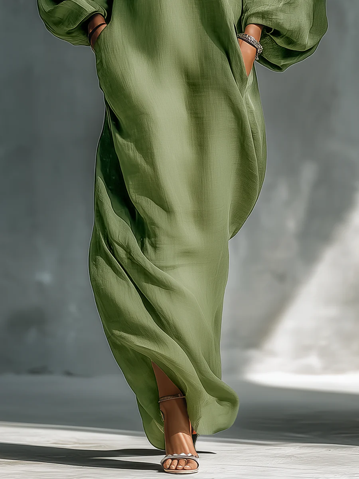 ANIKA | GREEN OFF-SHOULDER PUFF SLEEVE MAXI DRESS