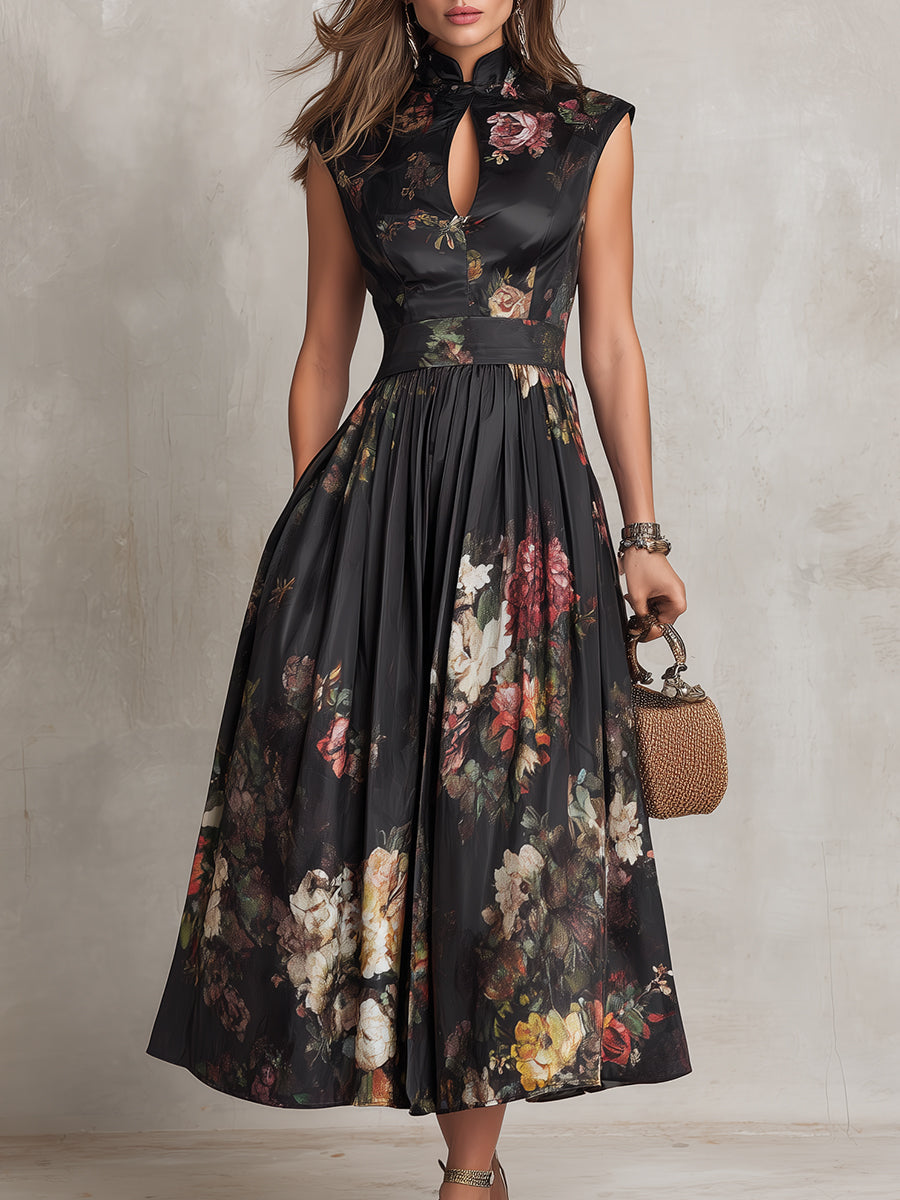 PATRICIA | BLACK FLORAL SATIN PLEATED MIDI DRESS