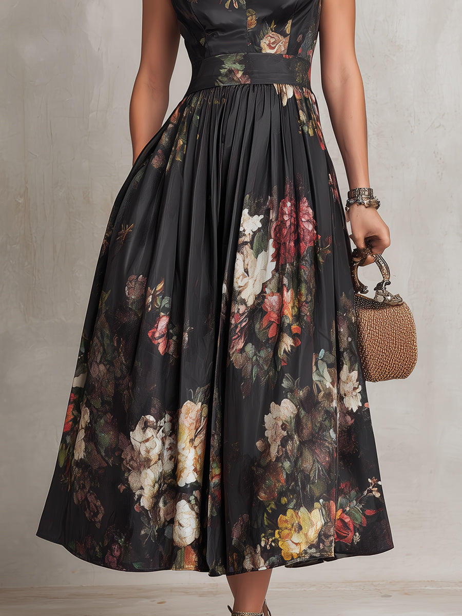 PATRICIA | BLACK FLORAL SATIN PLEATED MIDI DRESS