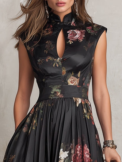 PATRICIA | BLACK FLORAL SATIN PLEATED MIDI DRESS