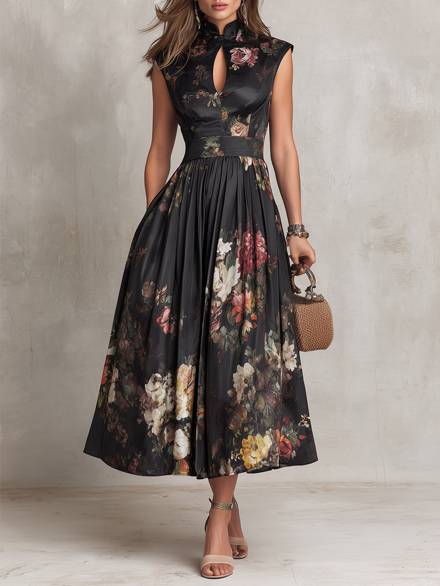 PATRICIA | BLACK FLORAL SATIN PLEATED MIDI DRESS