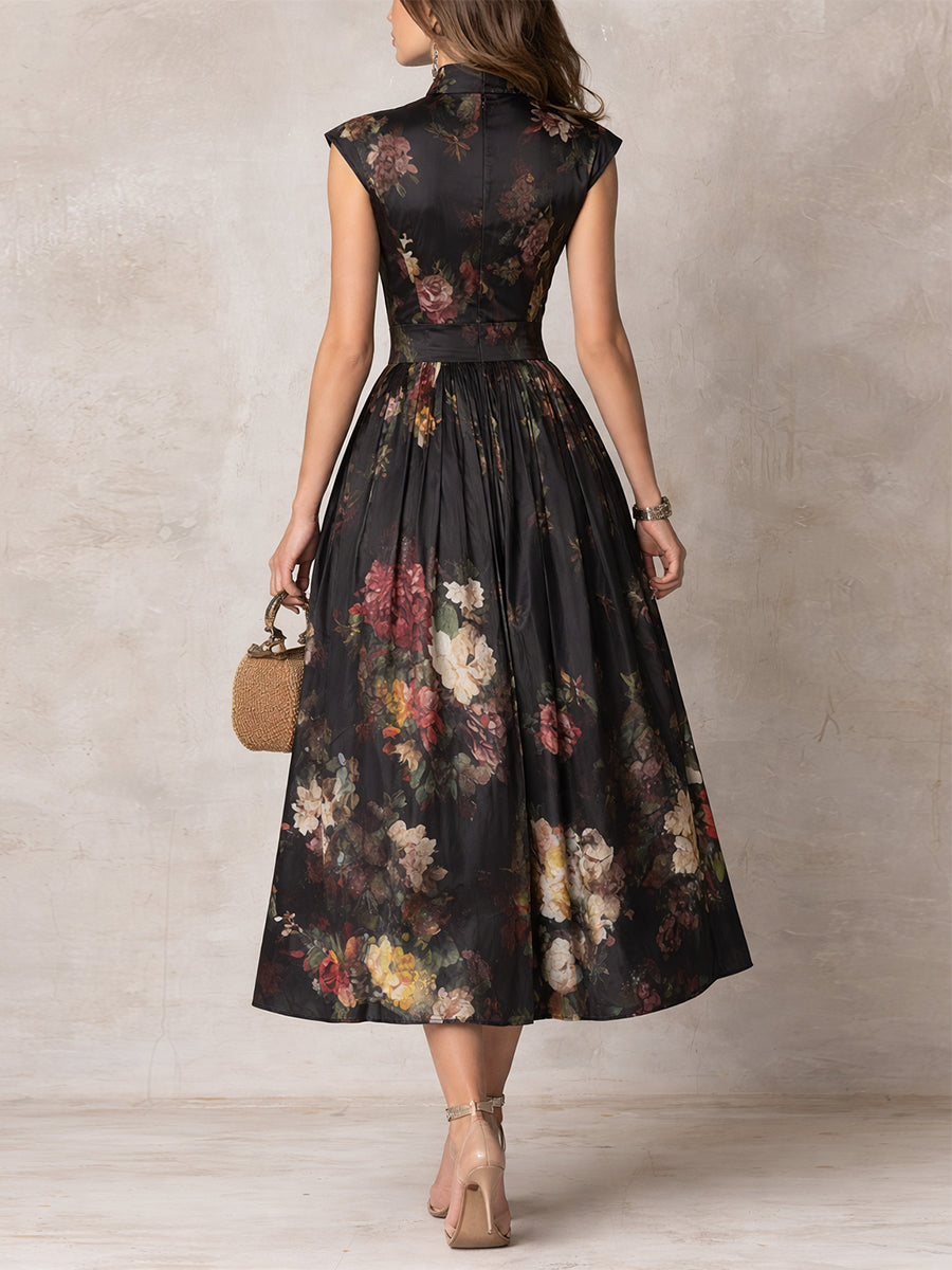 PATRICIA | BLACK FLORAL SATIN PLEATED MIDI DRESS