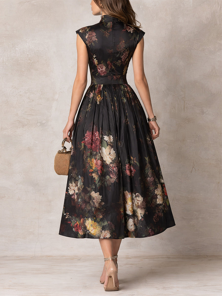 PATRICIA | BLACK FLORAL SATIN PLEATED MIDI DRESS