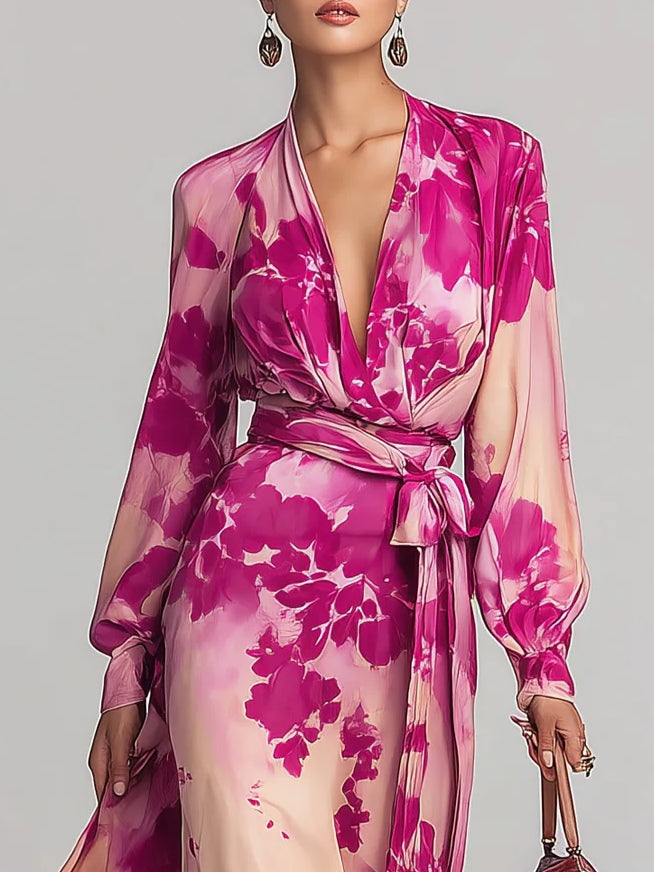 JULIA | ROSE FLORAL V-NECK BELTED MAXI DRESS