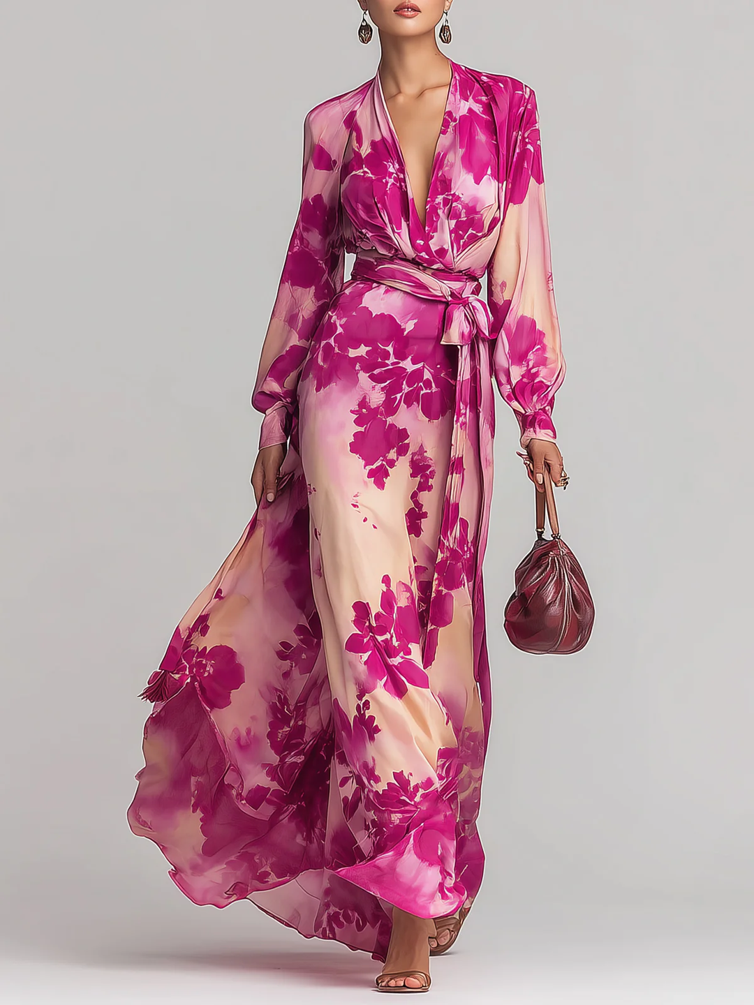 JULIA | ROSE FLORAL V-NECK BELTED MAXI DRESS