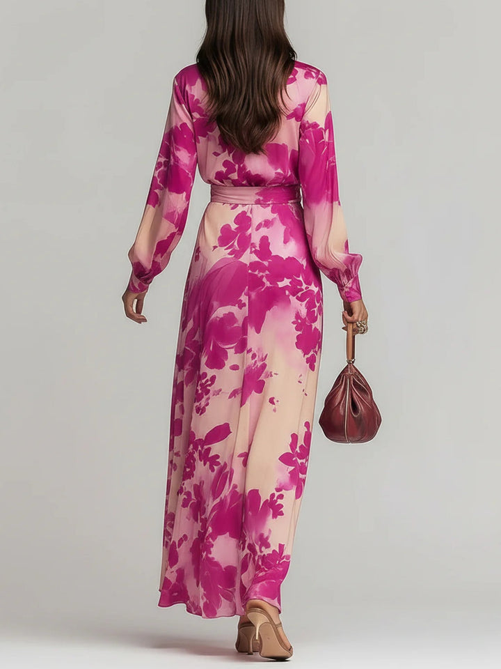 JULIA | ROSE FLORAL V-NECK BELTED MAXI DRESS