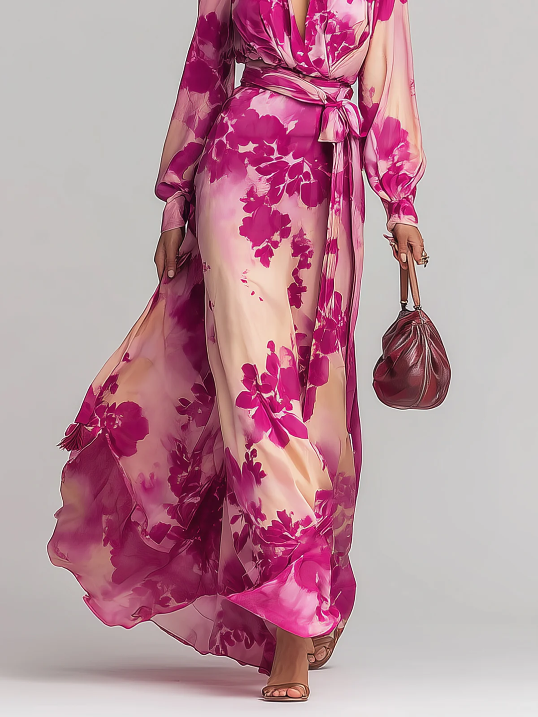 JULIA | ROSE FLORAL V-NECK BELTED MAXI DRESS