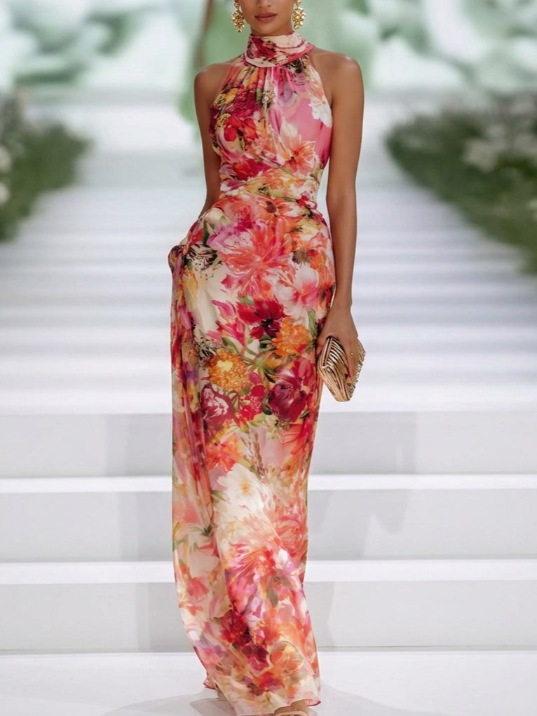 FAE | RED CHIFFON FLORAL SLEEVELESS MAXI DRESS