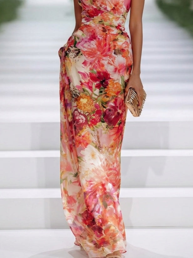FAE | RED CHIFFON FLORAL SLEEVELESS MAXI DRESS