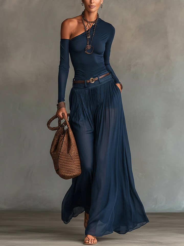 LORE | NAVY ONE-SHOULDER TOP AND SKIRT TWO-PIECE SET (+ FREE BELT)