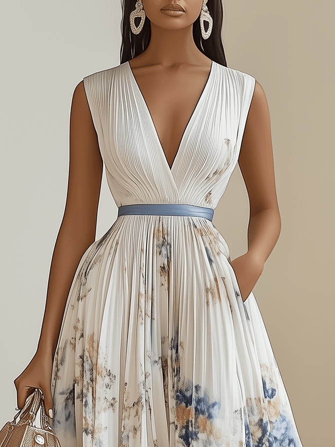 CHLOE | WHITE FLORAL CHIFFON V-NECK PLEATED MIDI DRESS