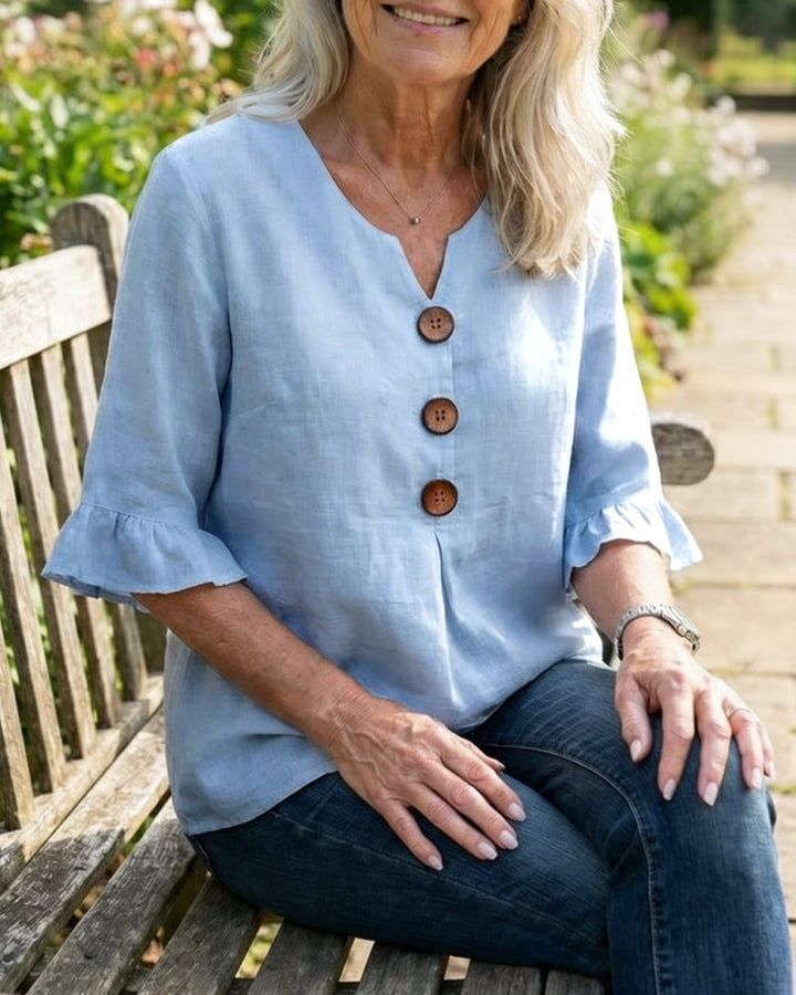 MADISON | V-NECK BLOUSE WITH WOODEN BUTTONS AND RUFFLE SLEEVES
